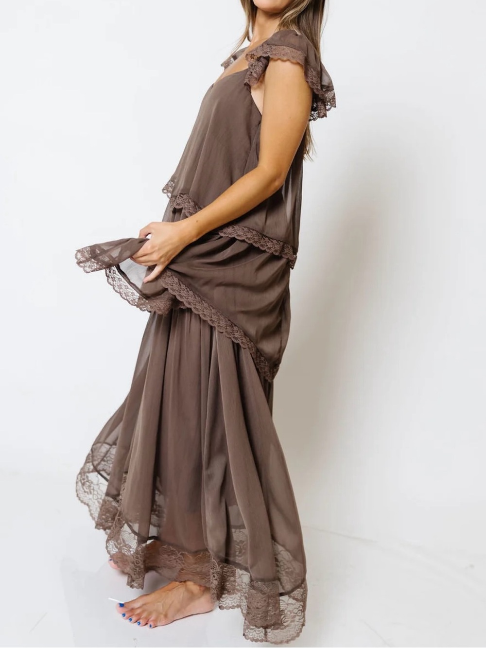 Worth Collective Mocha Lace-Trim Maxi Dress
